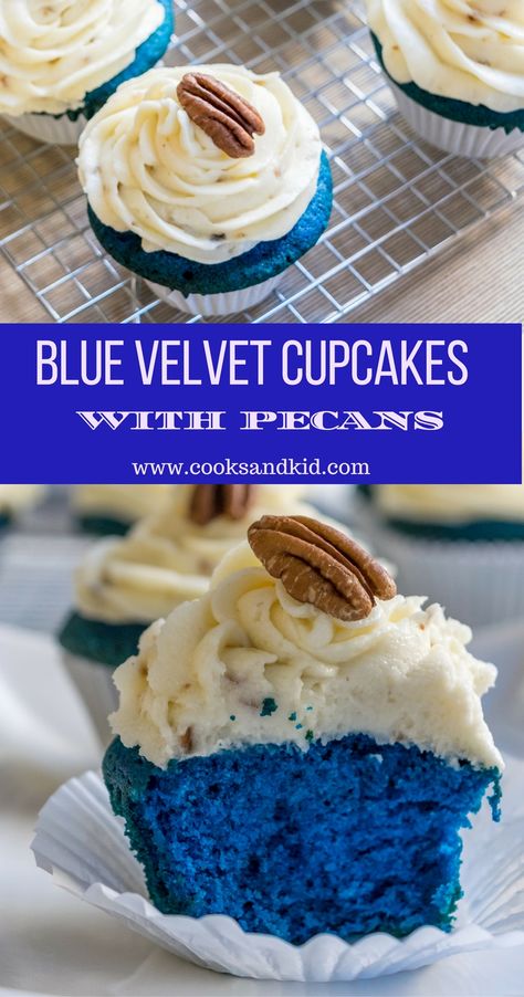 Delicious tender blue velvet cupcakes topped with cream cheese frosting studded with chopped pecans. Click now for recipe. www.cooksandkid.com Blue Velvet Cupcakes, Blue Velvet Cakes, Kid Recipes, Blue Cupcakes, Blue Desserts, Pecan Recipes, Crunchy Pecans, Velvet Cupcakes, Blue Cakes