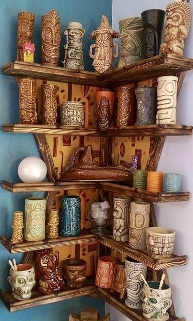 Tiki Kitchen Ideas, Tiki Mug Display Shelves, Tiki Mug Display, Tiki Bar Design, Tiki Kitchen, Tornado Room, Tiki Bars Diy, Glassware Display, Tiki Culture