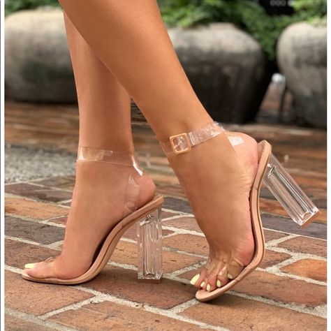 Hey Girlies!  These Lovely Pair Of Fashion Nova Heels Were Worn Only Twice. Slipper Heels, Hoco Shoes, Black School Shoes, Mens Brown Dress Shoes, Birthday Shoes, Glass Heels, Hak Tinggi, Clear High Heels, Heels Aesthetic