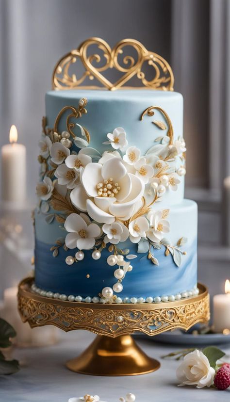 amazing bleu cake - AI creation Powder Blue And Gold Wedding, Rose Gold Cakes, Christian Cakes, Gold Cakes, Blue And Rose Gold, Different Types Of Cakes, Rose Gold Cake, Art Cakes, Tiktok Marketing