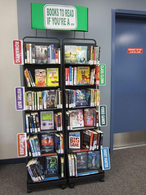 Academic Library Displays, Teen Library Displays, School Library Book Displays, School Library Decor, Makerspace Library, Library Signage, School Library Displays, Teen Library, Library Media Specialist