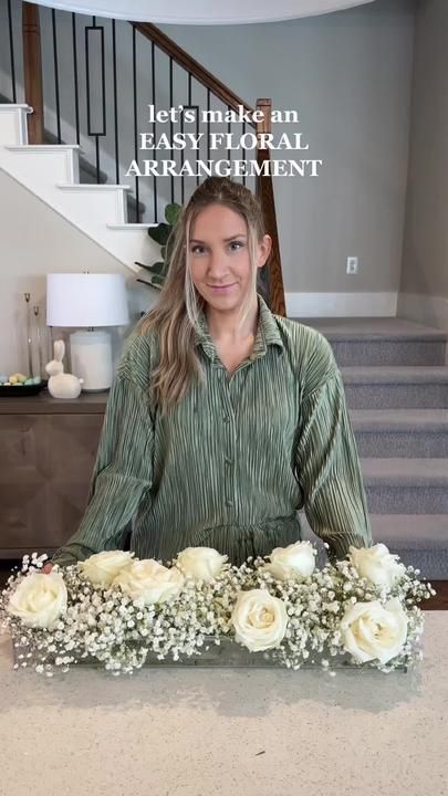 Kristin | mom of 2 on TikTok Rectangle Table Centerpieces, Diy Wedding Flower Centerpieces, Easy Floral Arrangements, Flower Box Centerpiece, Long Table Centerpieces, Acrylic Flower Vase, Centerpiece For Dining Table, Diy Floral Centerpieces, Baby Shower Table Centerpieces