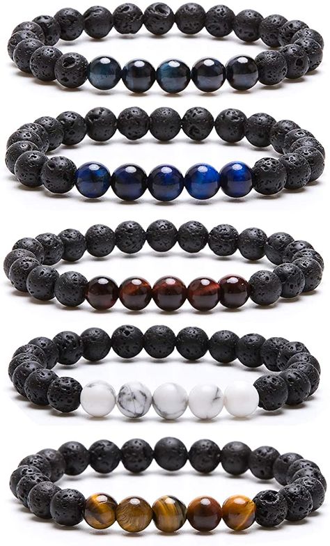 Amazon.com: Bivei Natural Lava Rock Stone Essential Oil Diffuser Bracelet Healing Energy Gemstone Mala Jewelry W/5 Tiger Eye Stone/Howlite(Pack of 5): Jewelry Men Stone Bracelet, Mens Beaded Necklaces, Mala Jewelry, Lava Stone Bracelet, Oil Diffuser Bracelet, Essential Oil Diffuser Bracelet, Diffuser Jewelry, Crystal Healing Bracelets, Jewelry Accessories Ideas