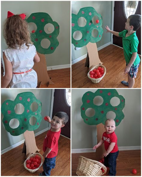 Fruit Tree Activities For Preschool, Pin The Apple On The Tree Game, Activities With Apples For Preschoolers, Waldorf Apple Activities, Apple Activity For Kids, Way Up High In The Apple Tree, Fruit Games For Kids, Apple Games For Kids, Apple Party Decorations