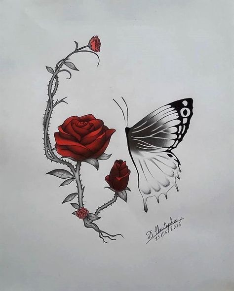 Skull With Roses Drawing, Tattoo Sketches Ideas Creative, Skull Butterfly Tattoo, Tre Kunst, Butterfly Hand Tattoo, Skull Rose Tattoos, Inspiration Tattoos, Tattoo Style Drawings, Skull Artwork