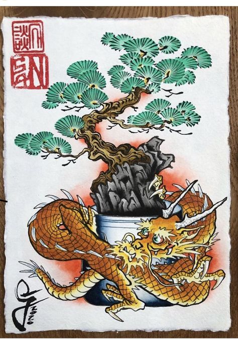 Irezumi Design Drawings, Tree And Dragon Tattoo, Japanese Pine Tree Art, Japanese Pine Tree Tattoo, Tree Tattoo Japanese, Japanese Bonsai Tree Tattoo, Bonsai Tattoo Design, Japanese Tree Tattoo, Bonsai Tree Tattoo