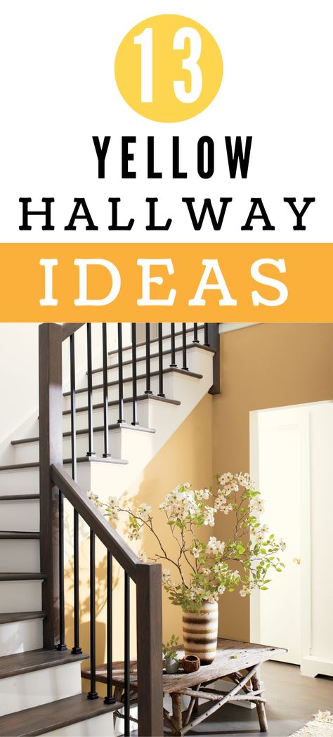 13 yellow hallway ideas, yellow painted walls with defining dark wood staircase which winds round. There is a wooden table with a large vase of hand picked flowers inside. Yellow Entryway Ideas, Yellow Cottage Living Room, Mustard Hallway Ideas, Yellow Hallway Ideas Entryway, Yellow Staircase Wall, Bright Hallway Ideas Colour, Hallway Colour Ideas Paint Colors, Yellow Stairwell, Mustard Hallway