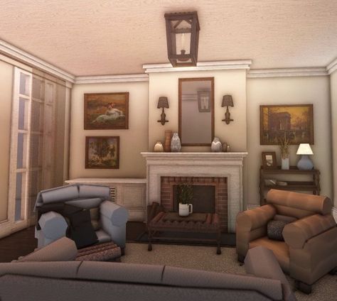 Living Room Realistic Bloxburg, Blox Burg Living Room Idea, Look Io Kas, Bloxburg Traditional House Interior, Bloxburg House Ideas Interior Living Room, Victorian Living Room Bloxburg, Realistic Bloxburg Interior, Bloxburg Realistic Living Room, Realistic Bloxburg House Interior