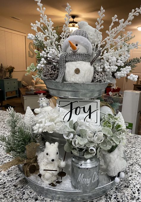 Gray Christmas Decor, Winter Themed Tiered Trays, 3 Teir Trays Decor Winter, Christmas Tiered Tray Ideas, Snow Tiered Tray Decor, Christmas Village Tiered Tray, Grey Christmas Decor, Tiered Tray Ideas, Snowman Tin Tiered Serving Tray