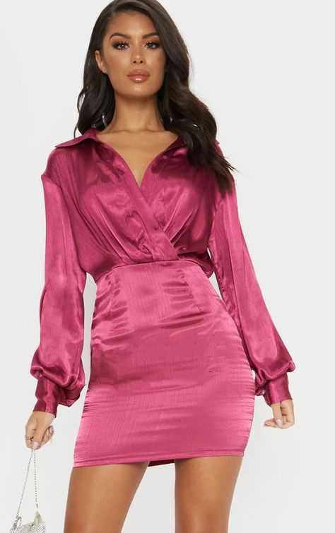 Dresses | Shop Pretty Dresses for Women Online | PrettyLittleThing USA Long Sleeve Satin Dress, Satin Bodycon Dress, Classy Clothes, Dresses Cute, Pleated Shirt, Tropical Dress, Satin Blouses, Pretty Little Thing, Satin Shirt