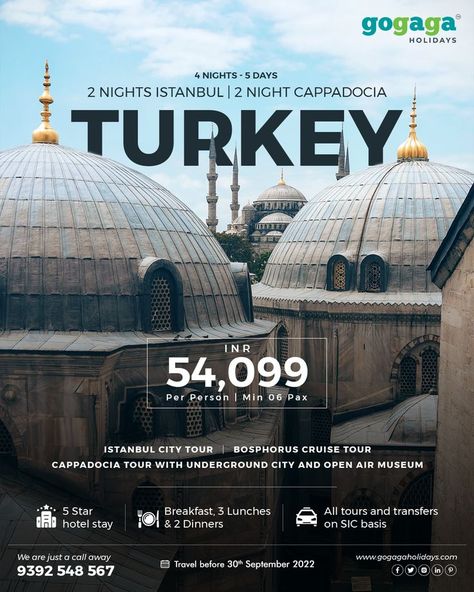 📣📣 Prepare to Rediscover the joy of travel to Turkey with GOGAGA HOLIDAYS 📣📣 📍Turkey 📍Cappadocia For more details give us a missed call at 📞 8950 8950 83. Check out for more amazing destinations www.gogagaholidays.com For more packages and details we are just a call away at 📞 9392548567 Travel Package Design, Travel Packages Poster, Travel And Tourism Poster Design, Tour And Travel Poster, Travel Poster Design Graphics, Travel Ads Design, Travel Social Media Post, Tourism Ads, Turkey Poster