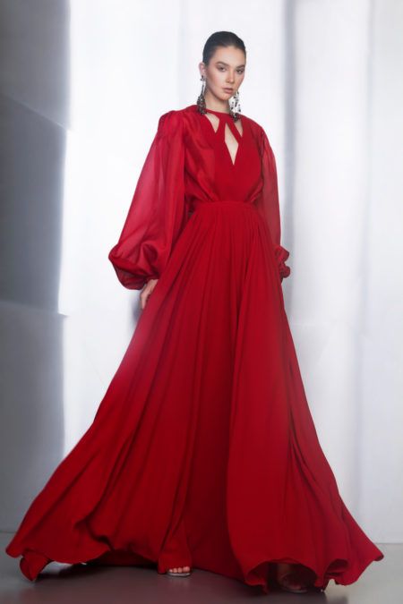 Long Dress With Puffy Sleeves, Red Chiffon Dress, Ziad Nakad, Purple Long Dress, Dress With Puffy Sleeves, Chiffon Long Dress, Princess Fashion, Over Skirt, Satin Cocktail Dress