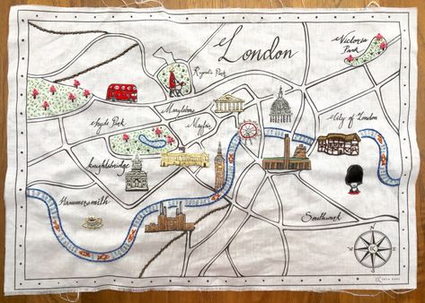 Make a Hand Embroidered Map of London – The Inquisitive Bee Ekta Kaul, Cross Stitch Map, Embroidery Map, Cross Stitch Harry Potter, Map Of London, Map Quilt, Crochet Bookmarks, Crafts Workshop, Textile Artist