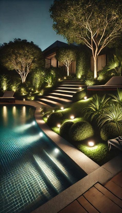 20+ Creative Pool Lighting Ideas for a Magical Nighttime Ambiance 39 Pool Area Lighting Ideas, Pool Patio Lighting Ideas, Poolside Lighting Ideas, Lighting Around Pool Ideas, Backyard Pool Landscaping Night Lights, Summing Pool, Pool Lighting Ideas, Swimming Pool Lighting, Fiber Optic Lighting Swimming Pool