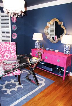 All Shades Blue Hot Pink & Navy Office Home Office Blue, Hot Pink Room, Hot Pink Bedrooms, Living Room Navy, Navy Office, Pink Ideas, Office Blue, Pink Furniture, Pink Office