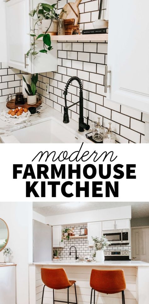 Small Kitchen Update, Shiplap Island, Contemporary Farmhouse Kitchen, Black And White Backsplash, Backsplash Marble, White Subway Tile Kitchen, Comfortable Patio Furniture, White Modern Farmhouse, White Kitchen Backsplash