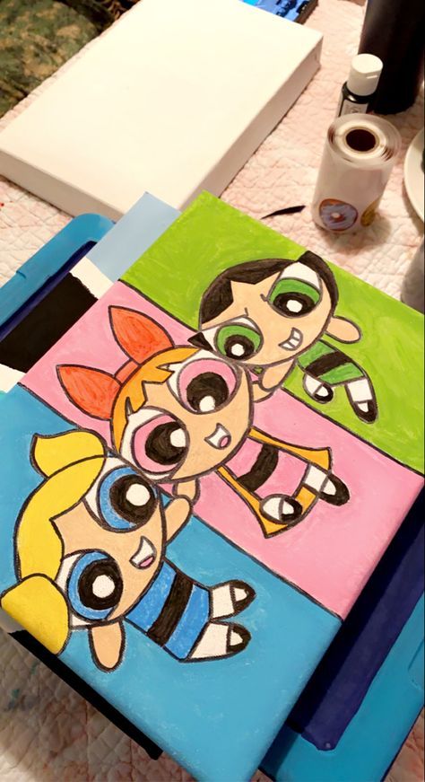 Powerpuff Canvas Painting, Cartoon Paintings Easy, Buttercup Powerpuff, Cartoon Paintings, Pink Canvas Art, Disney Canvas Art, Modern Art Canvas Painting, Disney Canvas, Disney Art Drawings