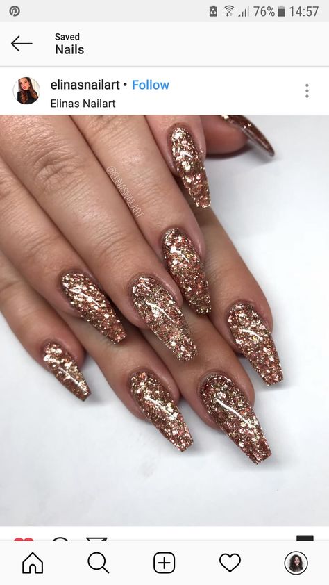 Nails Gel Brown, Chunky Glitter Nails, Brown Instagram, Copper Nails, No Chip Nails, Glitter Accent Nails, Copper Glitter, Brown Copper, Glitter Gel Nails