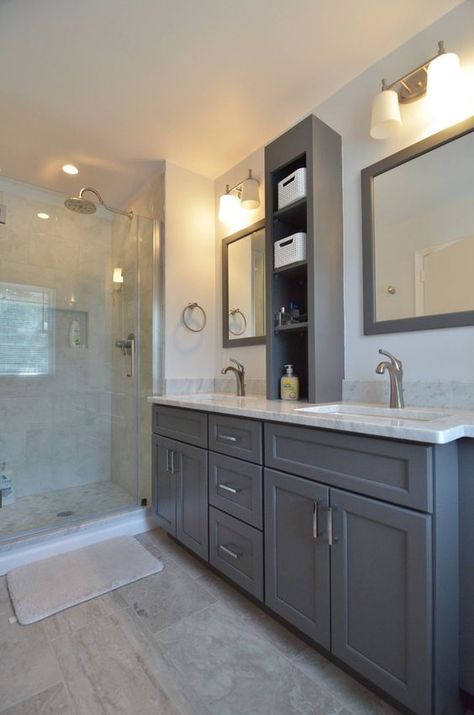 Grey Bathroom Cabinets, Budget Bathroom Remodel, Large Bathroom, Gray Cabinets, Master Bath Remodel, Bathroom Remodel Shower, Bathroom Remodel Designs, Renovation Design, Budget Bathroom