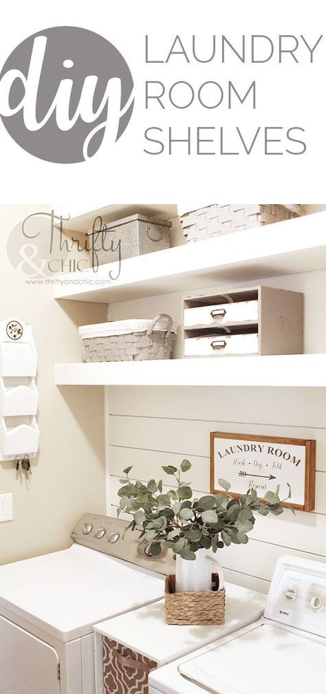 Need some laundry room organization? Inexpensive DIY shelves add a custom touch and tons of extra storage. Laundry Room Shiplap, Diy Laundry Room Shelves, Modern Farmhouse Laundry Room, Diy Laundry Room, Laundry Room Storage Shelves, Small Laundry Room Organization, Shiplap Wall Diy, Room Storage Diy, Modern Farmhouse Diy