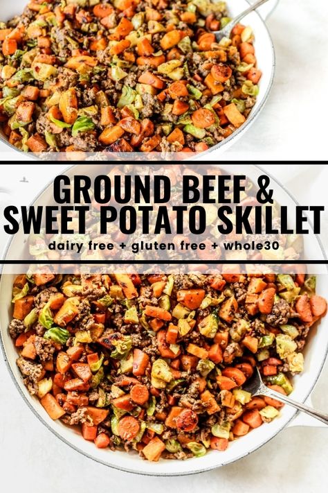 Meals With Ground Beef Dairy Free, Ground Turkey Sweet Potato Brussel Sprout, Meat Dishes For Dinner Meals, Whole 30 Meals With Ground Beef, Dinners With Sweet Potatoes Healthy, Ground Beef And Potato Meal Prep, Hamburger Meat Sweet Potato Recipes, Hamburger And Brussel Sprouts, Brussel Sprout Ground Beef