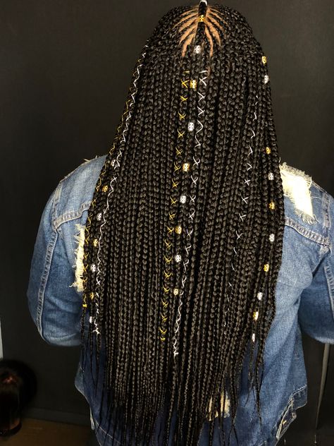 Back of my box braids Box Braids With Gold Cuffs, Braids With Gold Cuffs, Chunky Box Braids, Large Box Braids, Bow Hair Tie, Chunky Braids, Big Box Braids, Long Bow, Big Braids