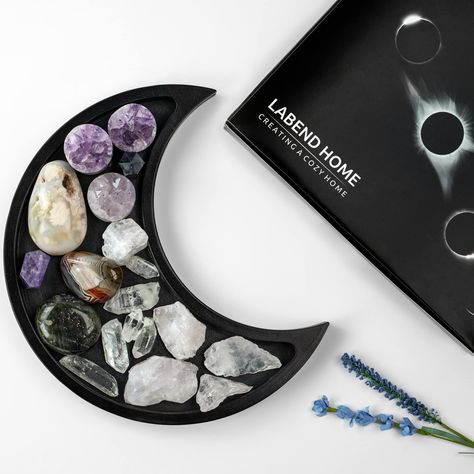 PRICES MAY VARY. SOLID WOOD - our moon shaped trays have 100% unique wood grain on each tray! Great crystal holder and display! PERFECT SIZE - the crystal tray is 10.5" by 5" - ideal to display your large and small crystals and healing stones, jewelry, essential oils, rocks, rings, keys and other decor items! VERSATILE - use as a crystal holder or bowl, jewelry tray or ring dish. No need for a moon shelf to display your crystal collection! Key holder bowl, crystal box, catchall tray or nut tray! Crystal Holder Display, Stone Carving Tools, Witch Home Decor, Essential Oil Holder, Jewelry Tray Organizer, Meditation Accessories, Crystal Holder, Healing Stones Jewelry, Essential Oil Storage