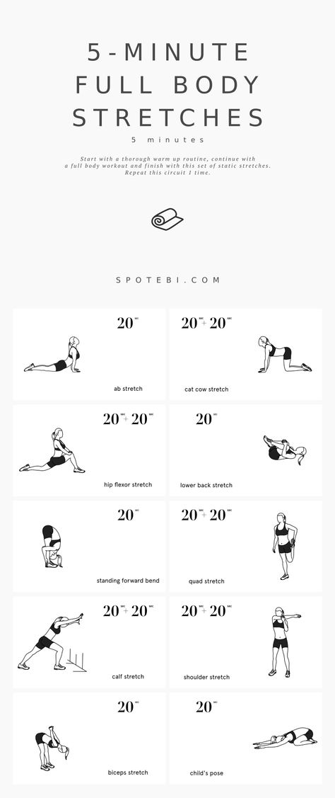 Stretch and relax your entire body with this 5-minute stretching routine. A set of cool down exercises to increase muscle control, flexibility, and range of motion. Start the timer, play the music and unwind! https://www.spotebi.com/workout-routines/5-minute-full-body-cool-down-exercises/ Full Body Stretches, 5 Minutes Workout, Pre Workout Stretches, Cool Down Exercises, Full Body Stretching Routine, Morning Stretches Routine, Daily Stretching Routine, Post Workout Stretches, Daily Stretches