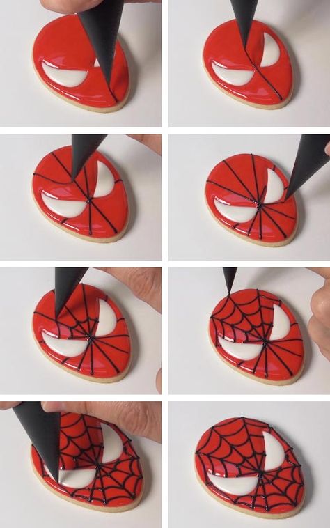 Spider Man Biscuit, Superhero Royal Icing Cookies, Diy Spiderman Cupcakes, Spiderman Cookies Decorated Birthday, Spider Man Royal Icing Cookies, Spider Man Birthday Cookies, Spiderman Birthday Desserts, Spider Man Cookie Cake, Spiderman Cookies Royal Icing