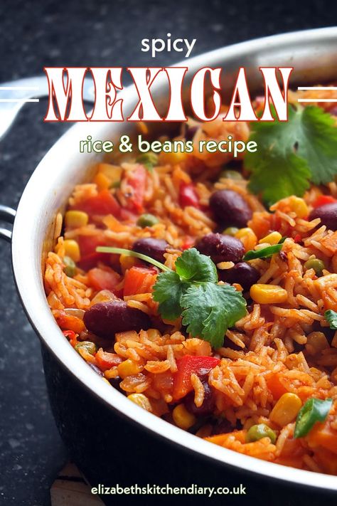 Spicy Mexican Rice and Beans Recipe - Elizabeth's Kitchen Diary Spicy Mexican Rice Recipe, Mexican Rice With Beans, Mexican Bean Rice, Mexican Beans And Rice Authentic, Mexican Rice And Beans Recipe, Mexican Rice And Beans, Kidney Beans And Rice, Spicy Mexican Rice, Mexican Beans And Rice