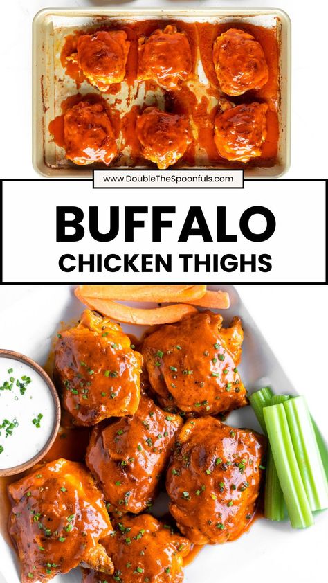 If you love buffalo wings then you absolutely need to give this buffalo chicken thigh recipe a try!  If you also love crispy chicken skin, then you will love how this recipe uses olive oil and a high oven temperature to ensure the crispiest skin. Buffalo Chicken Thigh Recipes, Buffalo Chicken Legs In The Oven, Buffalo Chicken Thighs Boneless, Buffalo Chicken Thighs, Buffalo Chicken Recipe, Crispy Chicken Skin, Chicken Thigh Recipe, Baked Buffalo Chicken, Oven Temperature