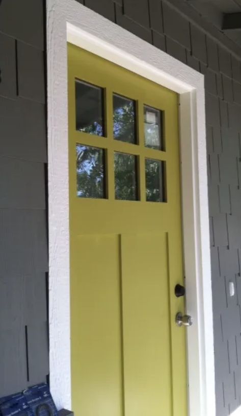 Mustard Yellow Front Door Gray House, Mustard House Exterior, House Doors Colors, Bright Front Doors, Yellow Front Doors, Chartreuse Color, Door Colors, Dark House, House Door