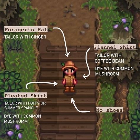 Stardew Outfits Ideas, Stardew Valley Sewing Machine Recipes, Stardew Valley Cute Clothes, Stardew Valley Fashion, Cute Stardew Valley Outfits Ideas, Stardew Valley Outfit Ideas Starter, Cute Stardew Valley Outfits No Mods, Stardew Valley Ideas Farm, Stardew Outfits No Mod