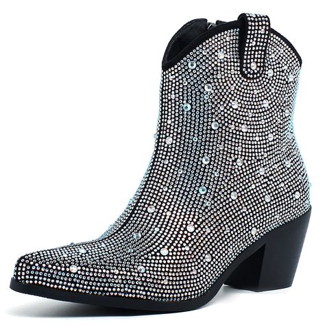 PRICES MAY VARY. Heel height: 6cm/2.36'' Platform: 0.5cm/0.2'' Shaft height: 12.5cm/4.92'' Shaft circumference: 26cm/10.24'' Exquisite Design: Sparkly material and rhinestone highlight detailed shining style. And the classic chunky heels and pointed toe keeps fashions elements and comfortable. Stable and Comfortable: Heel measures approximately 6 cm. Chunky Heel will not make you be tired, keep your exery comfortable step stable and safe. High heel will look sexy and beautiful, confidence. For m Sparkly Cowgirl, Rhinestone Cowboy Boots, Cowgirl Ankle Boots, Rhinestone Cowboy, Chunky Heel, Chunky Heels, Ankle Booties, Cowboy Boots, High Heel