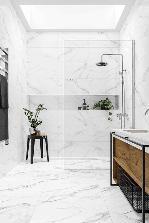 White Marble Tile Bathroom, Grey Marble Bathroom, Spa Bathroom Design, Small Shower Room, Marble Bathroom Designs, Bilik Air, White Marble Bathrooms, Marble Tile Bathroom, Bathroom Shower Design