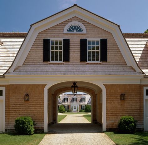 Gambrel Roof with pass-thru Patrick Ahearn Architect, Patrick Ahearn, Coastal Entryway, Gambrel Roof, Exterior Inspiration, Porte Cochere, Coastal Bathrooms, Coastal Bedroom, Coastal Homes