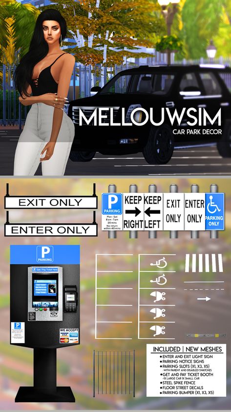 CAR PARK DECOR & LOT Parking Lot Sign, Lotes The Sims 4, Los Sims 4 Mods, Parking Spot Painting, City Decor, Car Ramps, Sims 4 House Building, Sims 4 Cc Packs, Sims 4 Cc Furniture