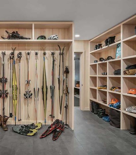 Inside this spectacular ski house with a scenic overlook of Sugarloaf Mountain Ski House Mudroom, Ski Mudroom Ideas, Ski Condo Remodel, Ski Mudroom, Ski Mud Room, Gear Room Organization, Gear Room Ideas, Modern Ski House, Ski Cottage