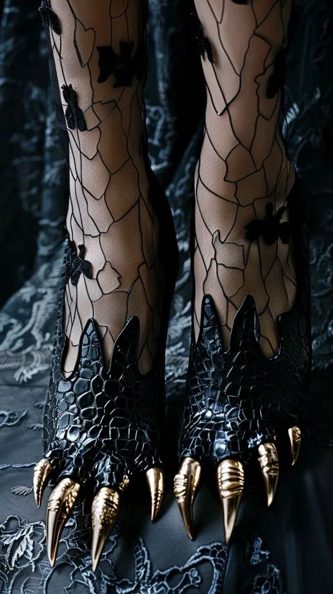 The image shows a pair of black high-heeled shoes with a reptilian, dragon-like design. The shoes have golden claws and a black fishnet pattern on the upper part ->> more details in ai-img-gen.com Black Fishnets, Black Pattern, High Heel Shoes, High Heels, Heels, Black