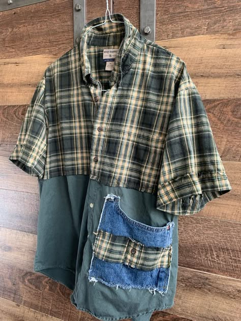 Plus Size Oxford Unisex Shirt Tunic Green Plaid Top Upcycled | Etsy Upcycling Mens Clothes, Men Upcycle Clothes, Men’s Upcycled Fashion, Up Cycling Clothes, Upcycled Fashion Diy Ideas, Upcycled Fashion Refashioning, Upcycling Dress, Patch Work Shirt, Upcycling Shirts