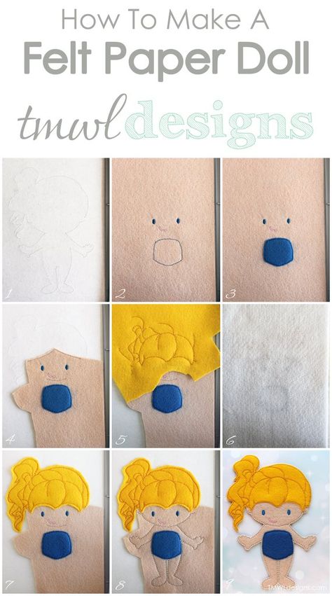 How To Make A Felt Paper Doll - Iris - TMWL Designs How To Make Felt Dolls, Felt Paper Dolls Pattern Free, Felt Doll Pattern Free Templates, Felt Book Ideas, Felt Paper Dolls, Felt Doll Tutorial, Felt People, Felt Doll Pattern, Felt Doll Patterns