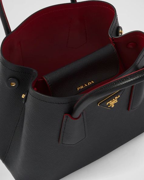 Prada Double Saffiano Leather Mini Bag, Saffiano Leather Mini Bag, Prada Double Bag, Metal Lettering, Leather Mini Bag, Bag Prada, Rhinestone Clutch, Lettering Logo, Fiery Red