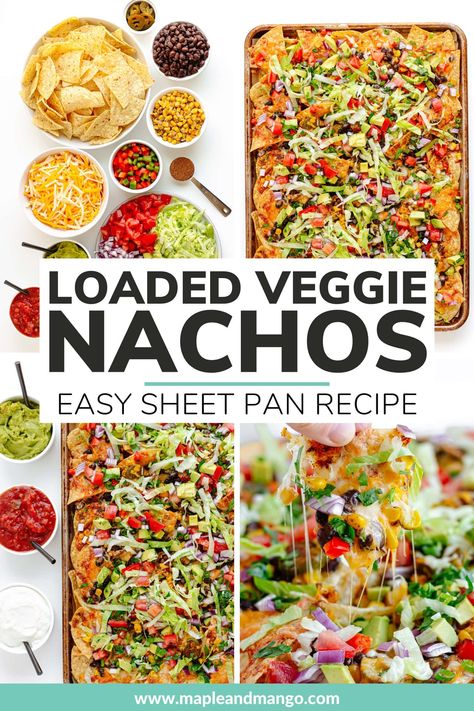 Say goodbye to boring old nachos and hello to these loaded veggie nachos! With layers upon layers of colorful veggies and ooey-gooey cheese, these vegetarian sheet pan nachos are guaranteed to be a crowd pleaser. Ready in under 30 minutes and can be served as an appetizer, snack or full meal. Perfect for Game Day, Cinco De Mayo, movie night or a fun and easy weeknight dinner! | www.mapleandmango.com Veggie Nachos Recipe, Veggie Lunch Ideas, Vegetarian Sheet Pan, Vegetarian Nachos Recipe, Loaded Nachos Recipe, Veggie Nachos, Healthy Nachos, Sheet Pan Nachos, Pan Nachos