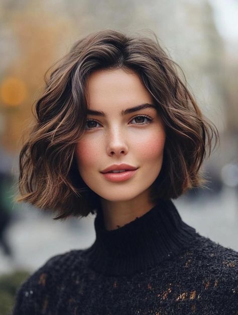 Wavy Bob Haircuts: Effortless Style for Every Occasion Bob With Lowlights Brunette, Dark Brown Bob Balayage, Dark Wavy Bob, Chin Length Dark Brown Hair, Short Wavy Hair Side Part, Chin Length Bob Curly Hair, Soft Gamine Haircut, Grown Out Bob Hairstyles, Wavy Bobs Hairstyles