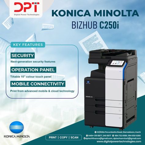 bizhub C250i is equipped with an Automatic Document Feeder that helps achieve high-speed scanning of 200 OPM. This significantly reduces scanning time and effort. Digital Power Technologies, We are the Authorised Dealer of Konica Minolta. To know more details contact us. 🌐 www.digitalpowertechnologies.com 📍 Perumbotta Road, Elamakkara, Kochi ☎ 0484-2408877, 3518877 📲 +91-9847320580, 7012867197, 9946500260 #DigitalPowerTechnologies #KonicaMinolta #bizhubC250i #bizhub #Printers Konica Minolta, Copy Me, Happy Birthday Messages, Touch Panel, Birthday Messages, Kochi, Post Design, Printing Services, Printer