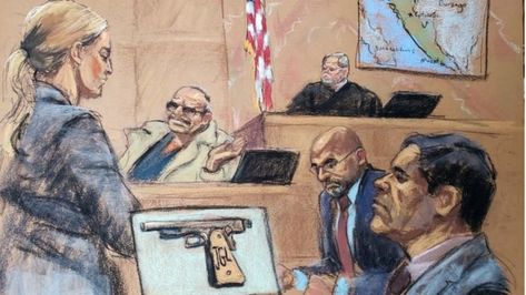 Drawing showing courtroom with witness Jesus Zambada and Joaquin 'El Chapo' Guzman Courtroom Sketch, Draw Show, Figurative Artists, Watch Live, Red Riding Hood, Painting Illustration, Bbc, Defense, New World