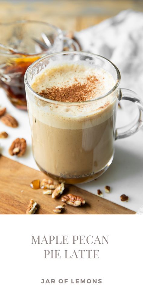 Maple pecan latte in a clear glass mug. Cold Coffee Drinks Recipes, Lemons Recipes, Maple Pecan Pie, Protein Desserts, Maple Pecan, Coffee Drink Recipes, Dairy Free Milk, Cold Coffee, Drink Recipe