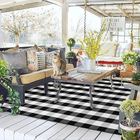 Gracie Oaks Plaid Rug Black And White 5X7 Area Rug, Cotton Hand-Woven Washable Indoor Outdoor Area Rug Farmhouse/Dining Room/Bedroom/Living Room Rug Retro Lattice Checkered Carpet (59''X78'') | Wayfair Plaid Rugs, Plaid Area Rug, Standard Rug Sizes, Plaid Rug, Outdoor Rugs Patio, Entry Hallway, Rug Black, Patio Rugs, Farmhouse Dining Room