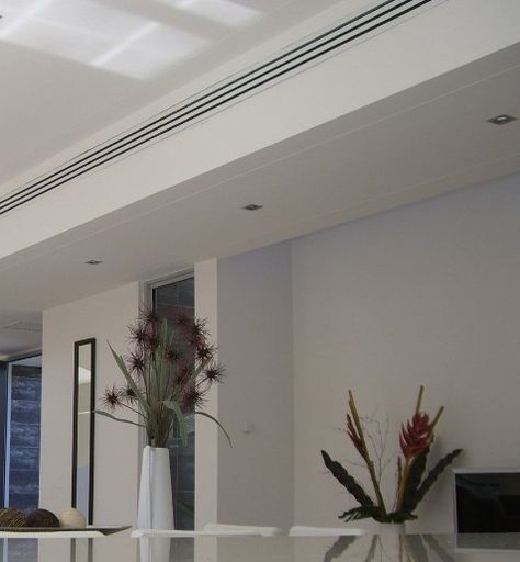 linear diffusers in main rooms and master suite Ac Grill Design Ceiling, Ceiling Air Conditioner, Air Conditioning Design, Air Conditioner Design, John Bennett, Air Conditioner Cover, Ceiling Vents, Ducted Air Conditioning, Air Vent Covers