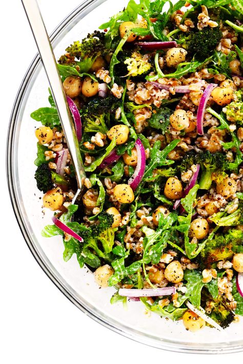 Farro Bowls, Lemon Tahini Dressing, Farro Salad, Tahini Dressing, Roasted Broccoli, Broccoli Salad, Vegan Salad, Toasted Almonds, Dinner Salads